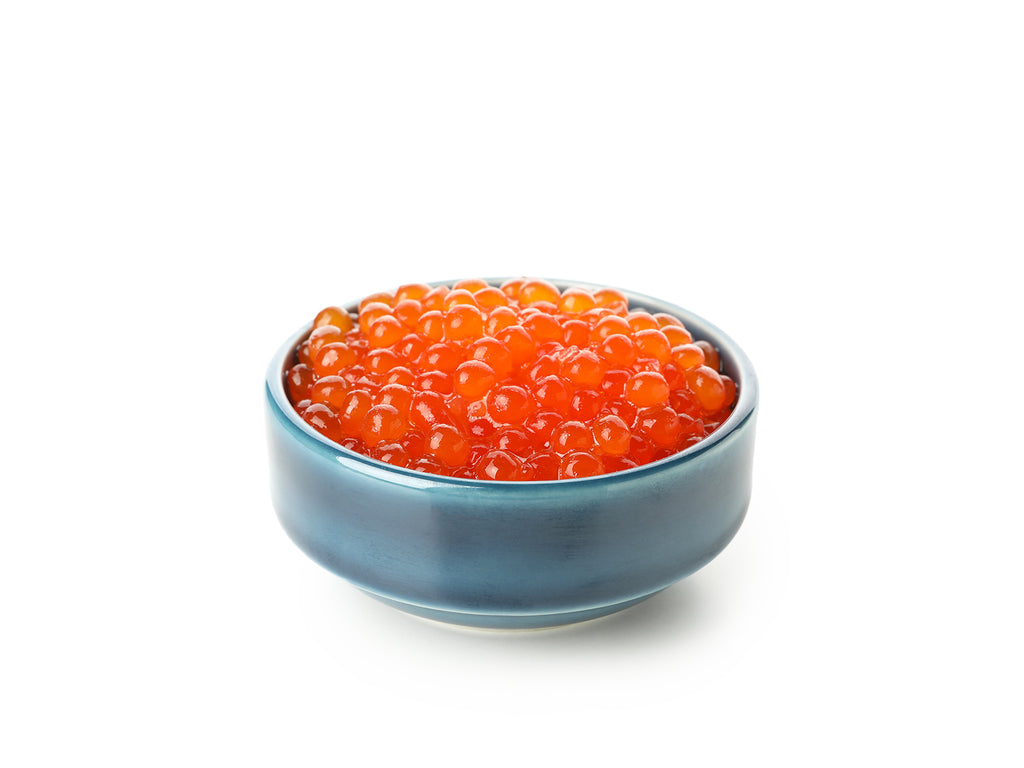 Ikura Caviar served in a siver-blue metallic bowl.
